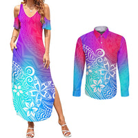 Couples dress and button shirt set in Galaxy gradient with geometric plumeria print