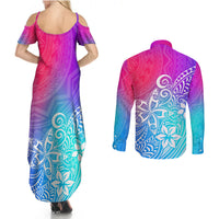 Cold-shoulder maxi dress and long-sleeve button shirt in Galaxy gradient plumeria print