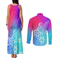 Polynesia Couples Matching Tank Maxi Dress and Long Sleeve Button Shirts Plumeria Galaxy Gradient Curves LT7 - Wonder Print Shop
