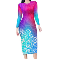 Polynesia Long Sleeve Bodycon Dress Plumeria Galaxy Gradient Curves - Wonder Print Shop