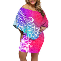 Polynesia Off Shoulder Short Dress Plumeria Galaxy Gradient Curves - Wonder Print Shop