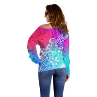 Polynesia Off Shoulder Sweater Plumeria Galaxy Gradient Curves - Wonder Print Shop