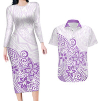 Polynesia Couples Matching Long Sleeve Bodycon Dress and Hawaiian Shirt Plumeria Lavender Curves LT7 - Wonder Print Shop