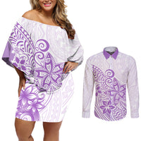 Polynesia Couples Matching Off Shoulder Short Dress and Long Sleeve Button Shirts Plumeria Lavender Curves LT7 - Wonder Print Shop