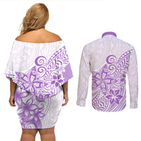 Polynesia Couples Matching Off Shoulder Short Dress and Long Sleeve Button Shirts Plumeria Lavender Curves LT7 - Wonder Print Shop