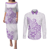 Polynesia Couples Matching Puletasi Dress and Long Sleeve Button Shirts Plumeria Lavender Curves LT7 - Wonder Print Shop