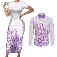 Polynesia Couples Matching Short Sleeve Bodycon Dress and Long Sleeve Button Shirts Plumeria Lavender Curves LT7 - Wonder Print Shop