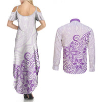 Polynesia Couples Matching Summer Maxi Dress and Long Sleeve Button Shirts Plumeria Lavender Curves LT7 - Wonder Print Shop