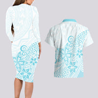 Polynesia Couples Matching Long Sleeve Bodycon Dress and Hawaiian Shirt Plumeria Turquoise Curves LT7 - Wonder Print Shop