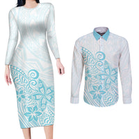 Polynesia Couples Matching Long Sleeve Bodycon Dress and Long Sleeve Button Shirts Plumeria Turquoise Curves LT7 - Wonder Print Shop