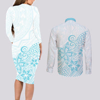 Polynesia Couples Matching Long Sleeve Bodycon Dress and Long Sleeve Button Shirts Plumeria Turquoise Curves LT7 - Wonder Print Shop