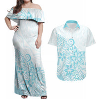 Polynesia Couples Matching Off Shoulder Maxi Dress and Hawaiian Shirt Plumeria Turquoise Curves LT7 - Wonder Print Shop