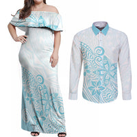 Polynesia Couples Matching Off Shoulder Maxi Dress and Long Sleeve Button Shirts Plumeria Turquoise Curves LT7 - Wonder Print Shop