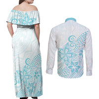 Polynesia Couples Matching Off Shoulder Maxi Dress and Long Sleeve Button Shirts Plumeria Turquoise Curves LT7 - Wonder Print Shop
