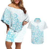 Polynesia Couples Matching Off Shoulder Short Dress and Hawaiian Shirt Plumeria Turquoise Curves LT7 - Wonder Print Shop