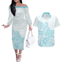 Polynesia Couples Matching Off The Shoulder Long Sleeve Dress and Hawaiian Shirt Plumeria Turquoise Curves LT7 - Wonder Print Shop