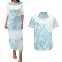 Polynesia Couples Matching Puletasi Dress and Hawaiian Shirt Plumeria Turquoise Curves LT7 - Wonder Print Shop