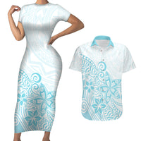Polynesia Couples Matching Short Sleeve Bodycon Dress and Hawaiian Shirt Plumeria Turquoise Curves LT7 - Wonder Print Shop