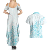 Polynesia Couples Matching Summer Maxi Dress and Hawaiian Shirt Plumeria Turquoise Curves LT7 - Wonder Print Shop