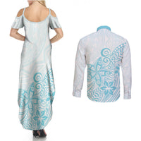 Polynesia Couples Matching Summer Maxi Dress and Long Sleeve Button Shirts Plumeria Turquoise Curves LT7 - Wonder Print Shop