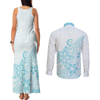 Polynesia Couples Matching Tank Maxi Dress and Long Sleeve Button Shirts Plumeria Turquoise Curves LT7 - Wonder Print Shop