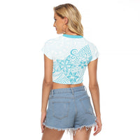 Polynesia Raglan Cropped T Shirt Plumeria Turquoise Curves - Wonder Print Shop