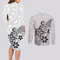 Polynesia Couples Matching Long Sleeve Bodycon Dress and Long Sleeve Button Shirts Plumeria White Curves LT7 - Wonder Print Shop