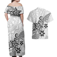 Polynesia Couples Matching Off Shoulder Maxi Dress and Hawaiian Shirt Plumeria White Curves LT7 - Wonder Print Shop