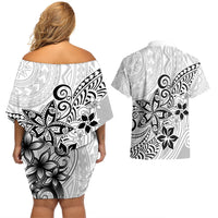 Polynesia Couples Matching Off Shoulder Short Dress and Hawaiian Shirt Plumeria White Curves LT7 - Wonder Print Shop