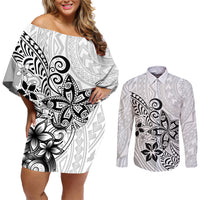 Polynesia Couples Matching Off Shoulder Short Dress and Long Sleeve Button Shirts Plumeria White Curves LT7 - Wonder Print Shop