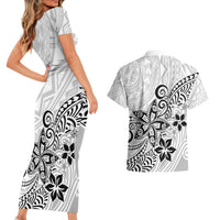 Polynesia Couples Matching Short Sleeve Bodycon Dress and Hawaiian Shirt Plumeria White Curves LT7 - Wonder Print Shop