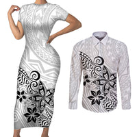Polynesia Couples Matching Short Sleeve Bodycon Dress and Long Sleeve Button Shirts Plumeria White Curves LT7 - Wonder Print Shop