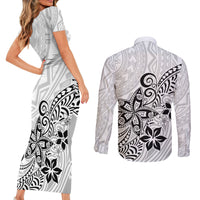 Polynesia Couples Matching Short Sleeve Bodycon Dress and Long Sleeve Button Shirts Plumeria White Curves LT7 - Wonder Print Shop