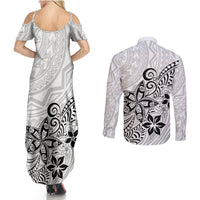 Polynesia Couples Matching Summer Maxi Dress and Long Sleeve Button Shirts Plumeria White Curves LT7 - Wonder Print Shop