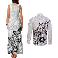 Polynesia Couples Matching Tank Maxi Dress and Long Sleeve Button Shirts Plumeria White Curves LT7 - Wonder Print Shop