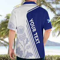Blue and white back-view short-sleeve button shirt with Your Text graphic and floral print