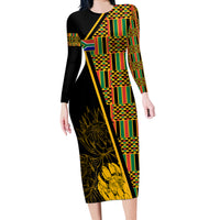Personalised South African Heritage Day Long Sleeve Bodycon Dress Kente Ethnic Patterns Mix Protea - Wonder Print Shop