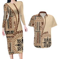 Samoa Siapo Motif Couples Matching Long Sleeve Bodycon Dress and Hawaiian Shirt Classic Style LT7 - Wonder Print Shop
