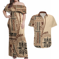 Samoa Siapo Motif Couples Matching Off Shoulder Maxi Dress and Hawaiian Shirt Classic Style LT7 - Wonder Print Shop