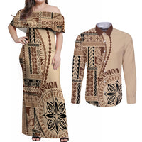 Samoa Siapo Motif Couples Matching Off Shoulder Maxi Dress and Long Sleeve Button Shirt Classic Style LT7 - Wonder Print Shop