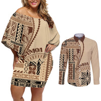 Samoa Siapo Motif Couples Matching Off Shoulder Short Dress and Long Sleeve Button Shirt Classic Style LT7 - Wonder Print Shop
