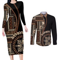 Samoa Siapo Motif Couples Matching Long Sleeve Bodycon Dress and Long Sleeve Button Shirt Classic Style - Black Ver LT7 - Wonder Print Shop