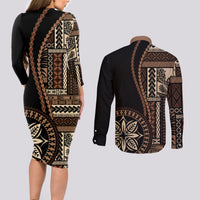 Samoa Siapo Motif Couples Matching Long Sleeve Bodycon Dress and Long Sleeve Button Shirt Classic Style - Black Ver LT7 - Wonder Print Shop