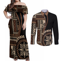 Samoa Siapo Motif Couples Matching Off Shoulder Maxi Dress and Long Sleeve Button Shirt Classic Style - Black Ver LT7 - Wonder Print Shop