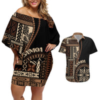 Samoa Siapo Motif Couples Matching Off Shoulder Short Dress and Hawaiian Shirt Classic Style - Black Ver LT7 - Wonder Print Shop