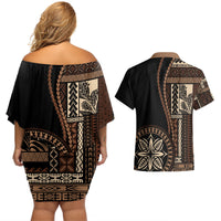 Samoa Siapo Motif Couples Matching Off Shoulder Short Dress and Hawaiian Shirt Classic Style - Black Ver LT7 - Wonder Print Shop