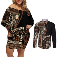 Samoa Siapo Motif Couples Matching Off Shoulder Short Dress and Long Sleeve Button Shirt Classic Style - Black Ver LT7 - Wonder Print Shop