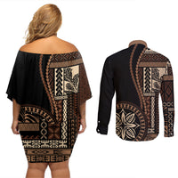 Samoa Siapo Motif Couples Matching Off Shoulder Short Dress and Long Sleeve Button Shirt Classic Style - Black Ver LT7 - Wonder Print Shop
