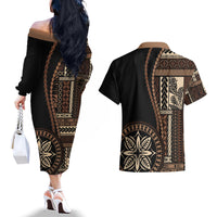 Samoa Siapo Motif Couples Matching Off The Shoulder Long Sleeve Dress and Hawaiian Shirt Classic Style - Black Ver LT7 - Wonder Print Shop