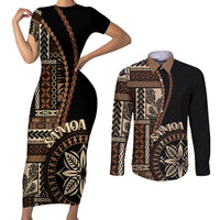 Samoa Siapo Motif Couples Matching Short Sleeve Bodycon Dress and Long Sleeve Button Shirt Classic Style - Black Ver LT7 - Wonder Print Shop